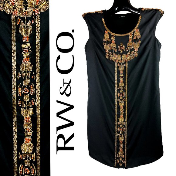 RW&Co. Detailed Beading Embellished African / Egyptian Mini Black Dress Small - Picture 1 of 3